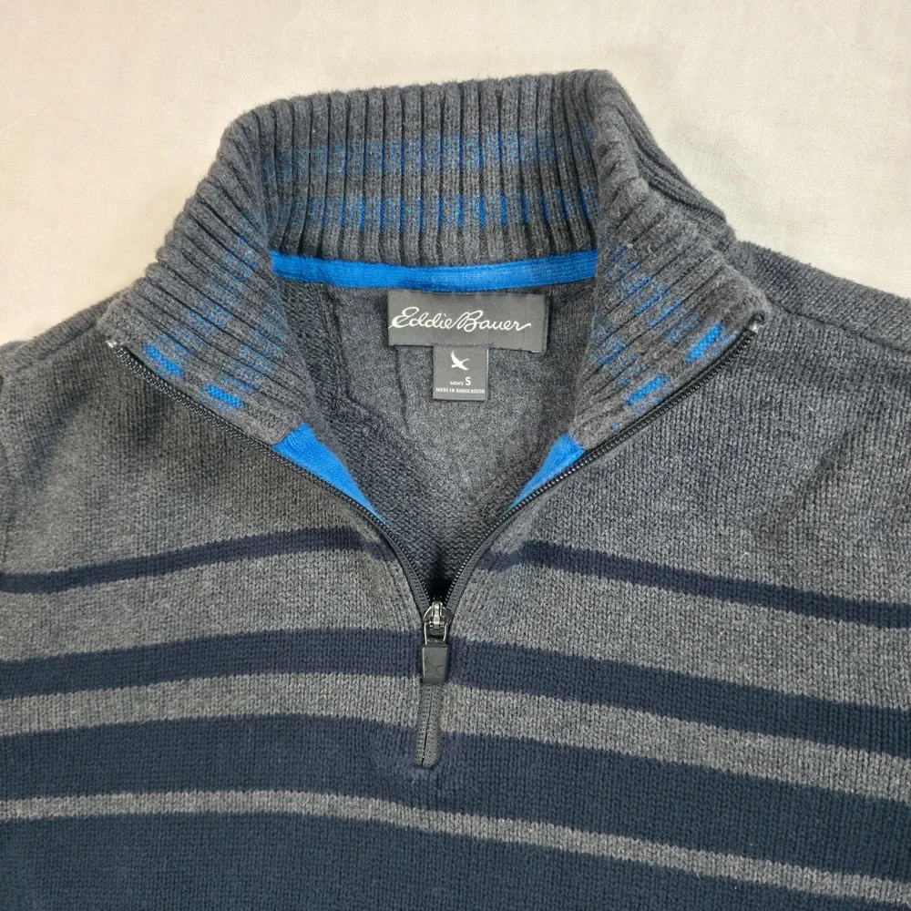 Eddie Bauer Mens Small Quarter Zip Sweater Navy Blue Grey Striped Cotton Knit